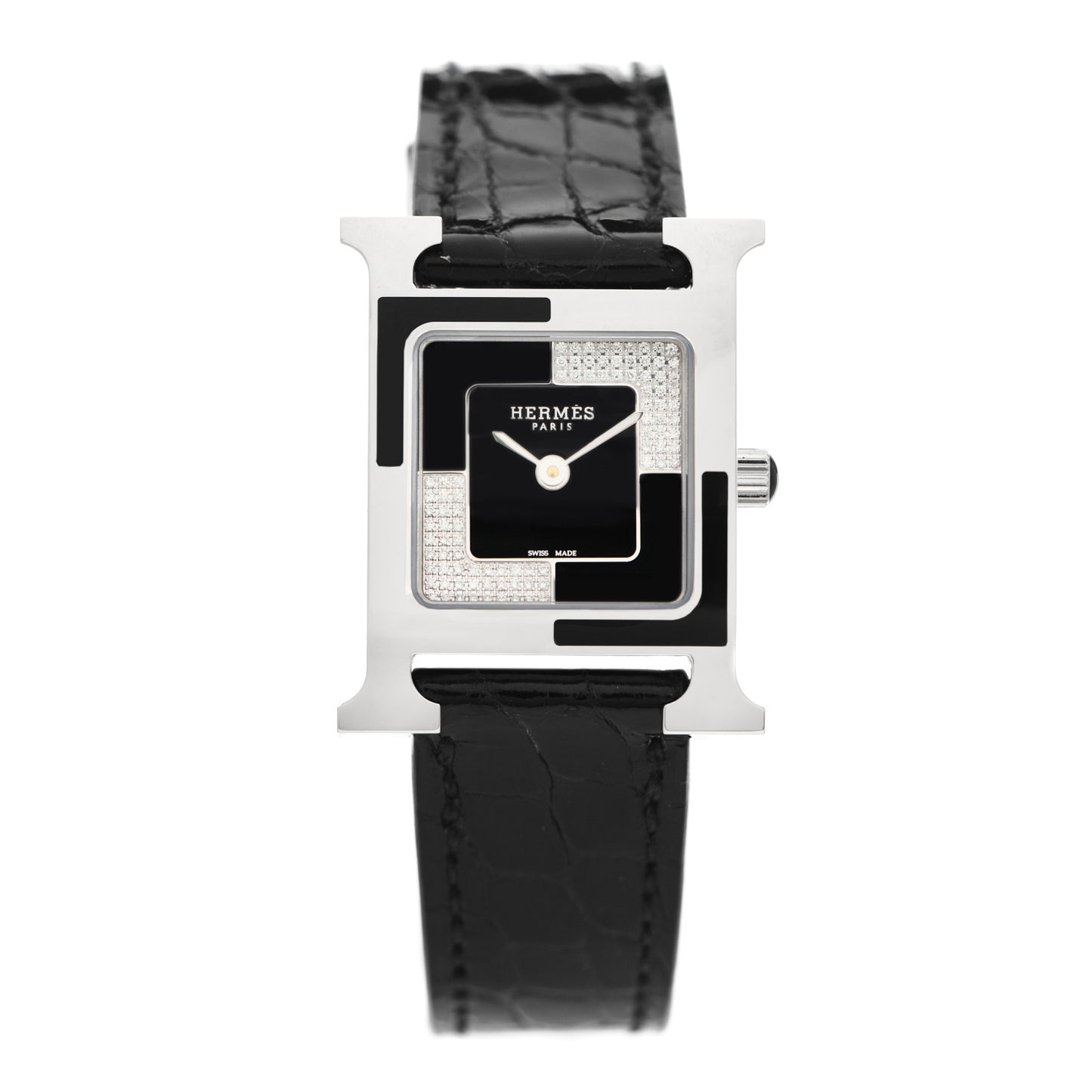 Stainless Steel Alligator Diamond 21mm Heure H Au Carre Quartz Watch Noir