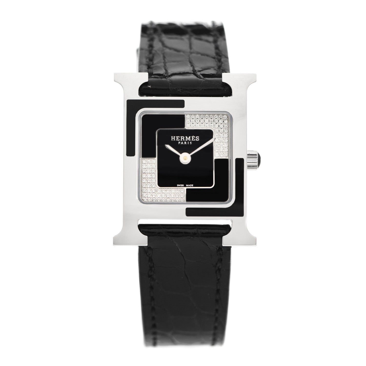 Hermes Stainless Steel Alligator Diamond 21mm Heure H Au Carre Quartz Watch Noir 1 of 5