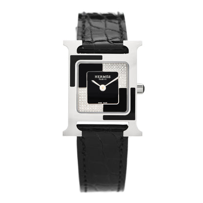 Hermes Stainless Steel Alligator Diamond 21mm Heure H Au Carre Quartz Watch Noir 1 of 5