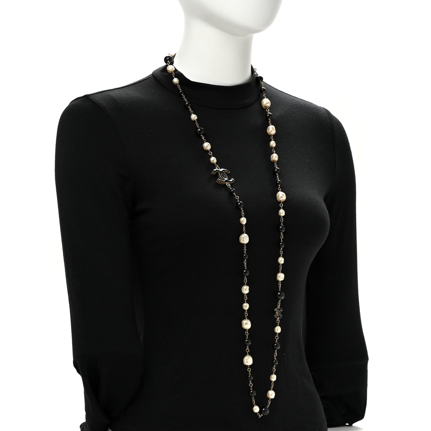 Pearl Bead CC Long Necklace Black