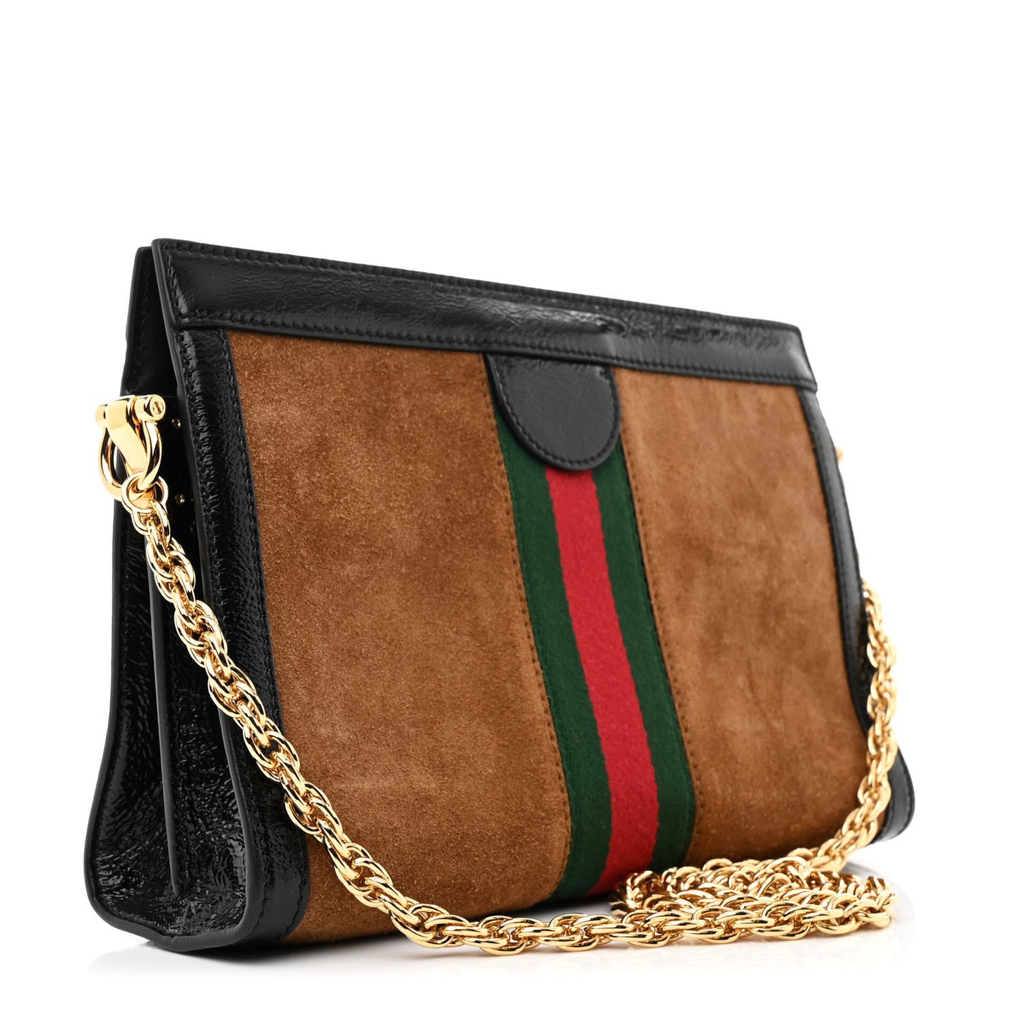 Suede Patent Web Small Ophidia Chain Shoulder Bag Nocciola Black