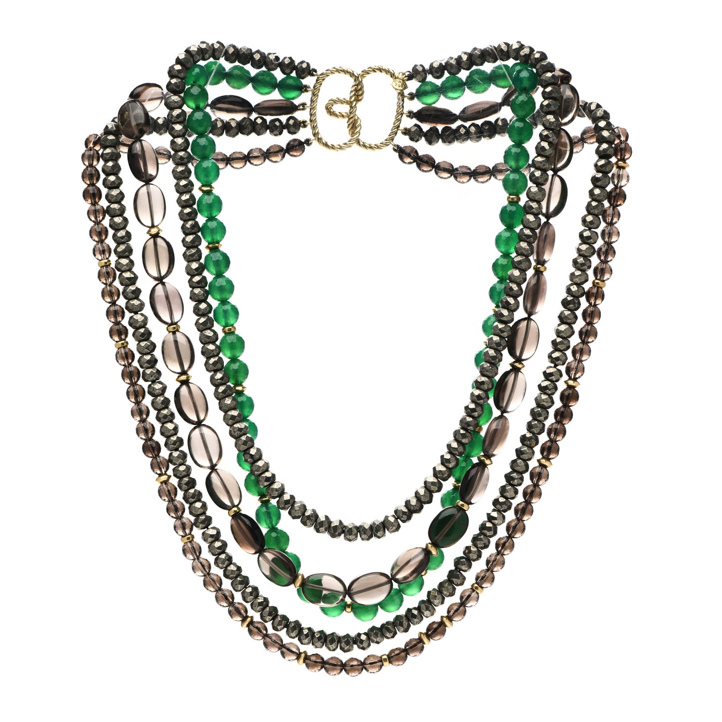 18K Yellow Gold Green Onyx Smoky Quartz Pyrite Signature Multi Strand Necklace