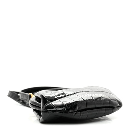 Balenciaga Shiny Supple Calfskin Logo Crocodile Embossed Cloud Coin Purse With Strap Black White 4 of 10