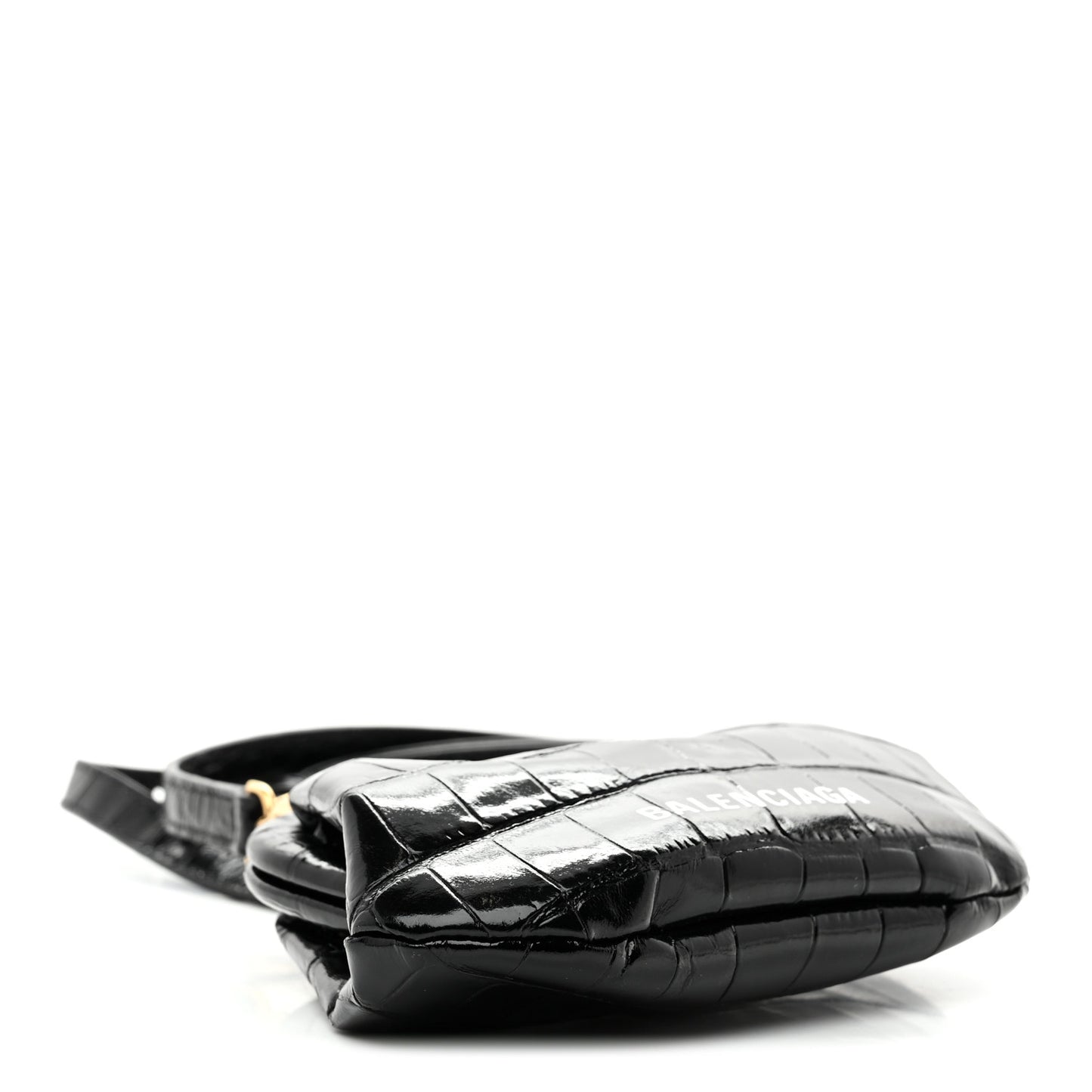 Shiny Supple Calfskin Logo Crocodile Embossed Cloud Coin Purse With Strap Black White