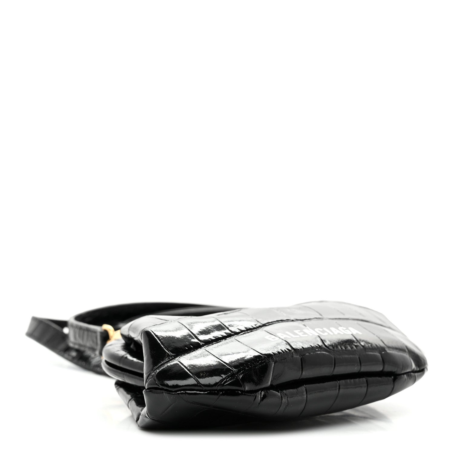 Balenciaga Shiny Supple Calfskin Logo Crocodile Embossed Cloud Coin Purse With Strap Black White 4 of 10
