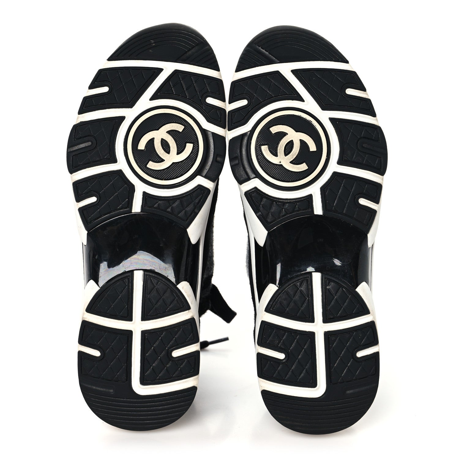 Chanel Knit Fabric Suede Calfskin Womens CC Sneakers 38.5 Black Grey 6 of 8