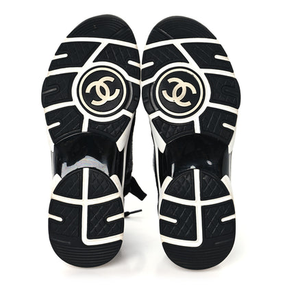 Chanel Knit Fabric Suede Calfskin Womens CC Sneakers 38.5 Black Grey 6 of 8