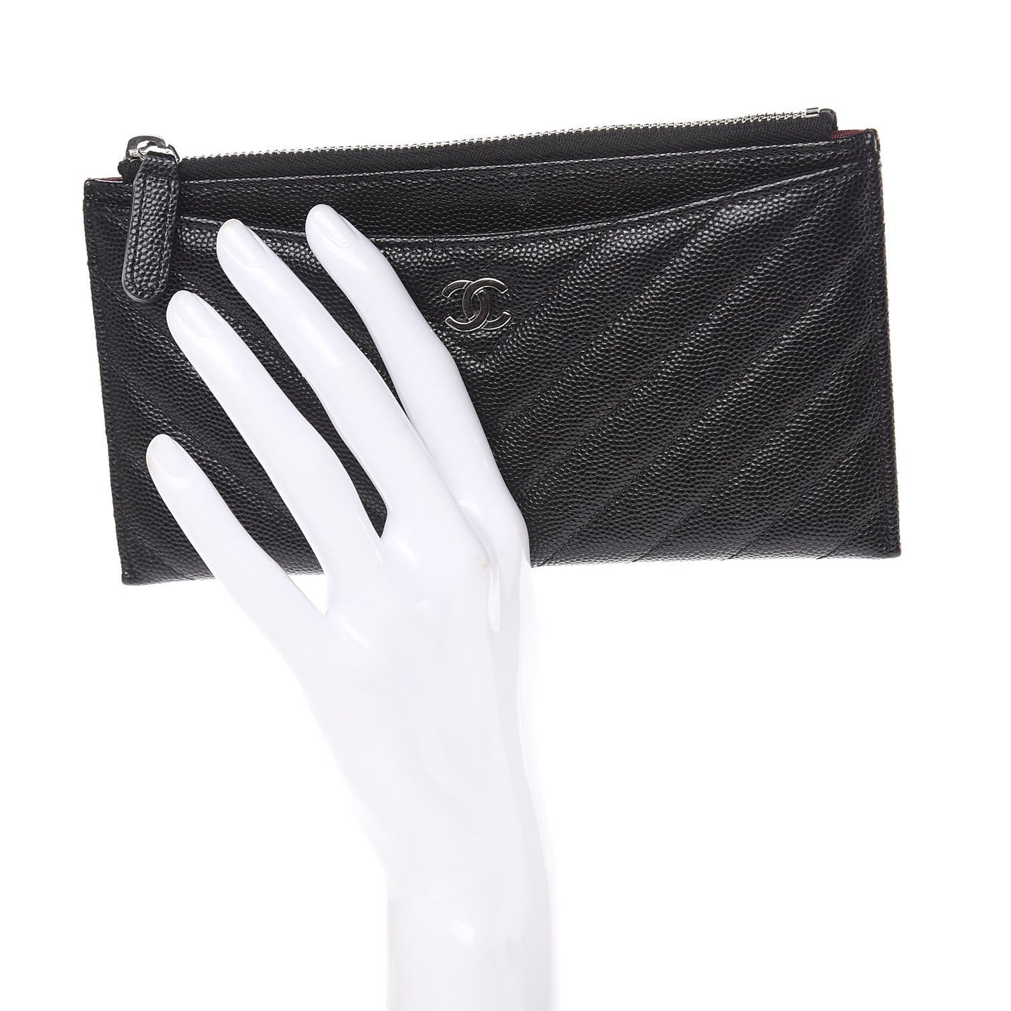 Caviar Chevron Quilted Zip Pouch Black