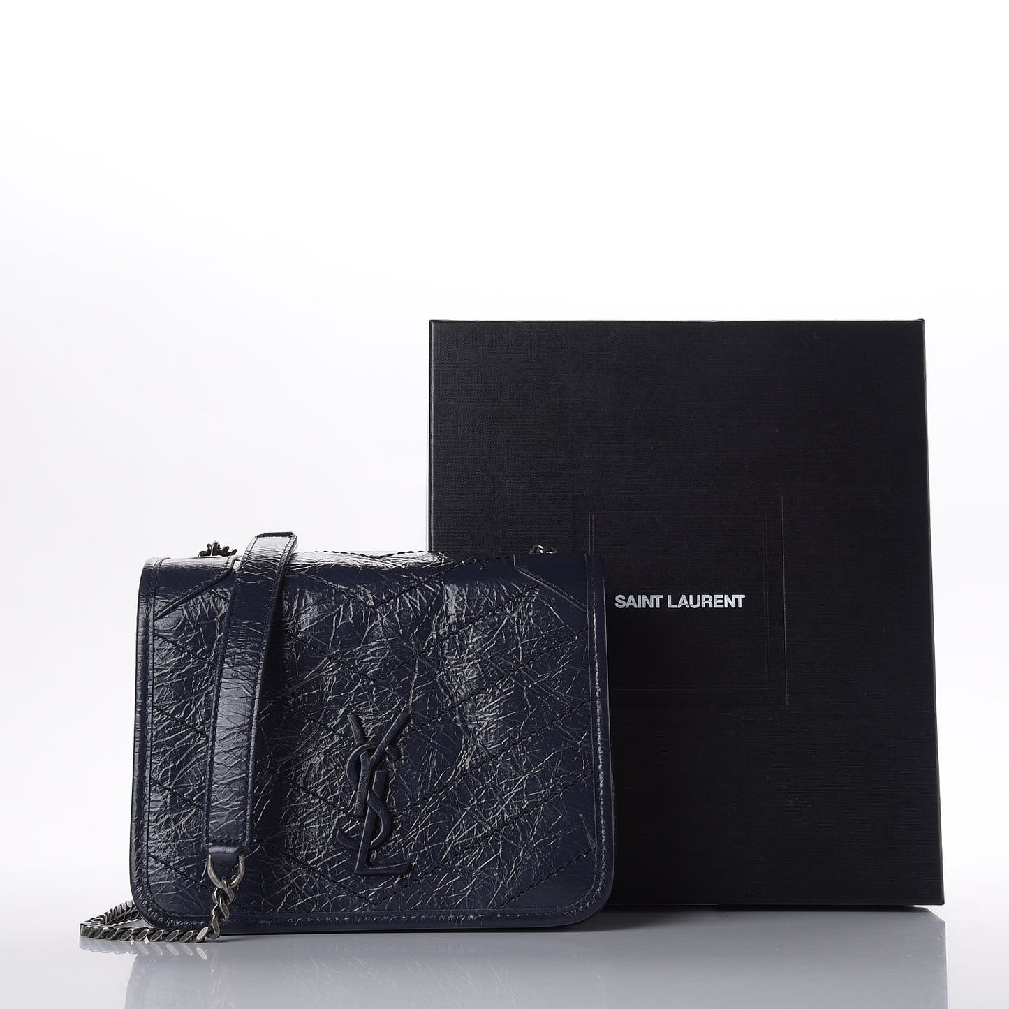 Crinkled Calfskin Matelasse Monogram Niki Chain Wallet Deep Marine