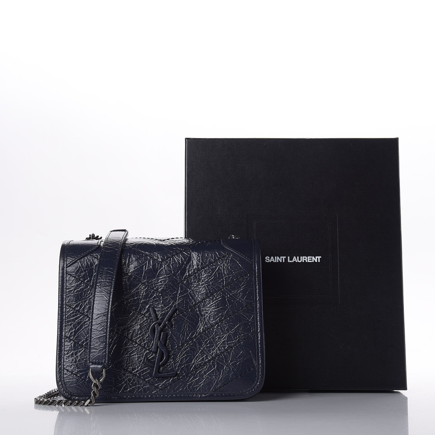 Saint Laurent Crinkled Calfskin Matelasse Monogram Niki Chain Wallet Deep Marine 10 of 10