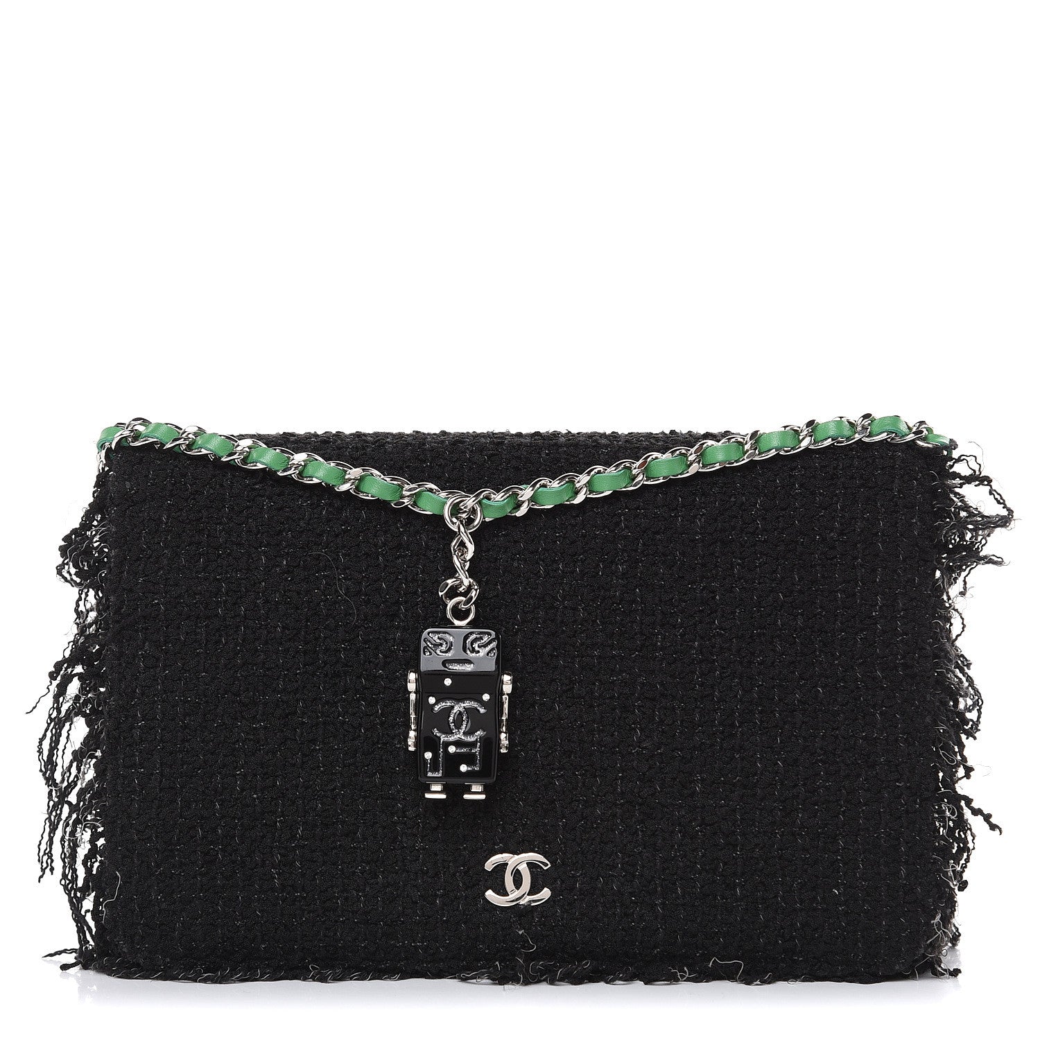 Chanel Tweed Fringe Wallet On Chain WOC Black Green 1 of 11