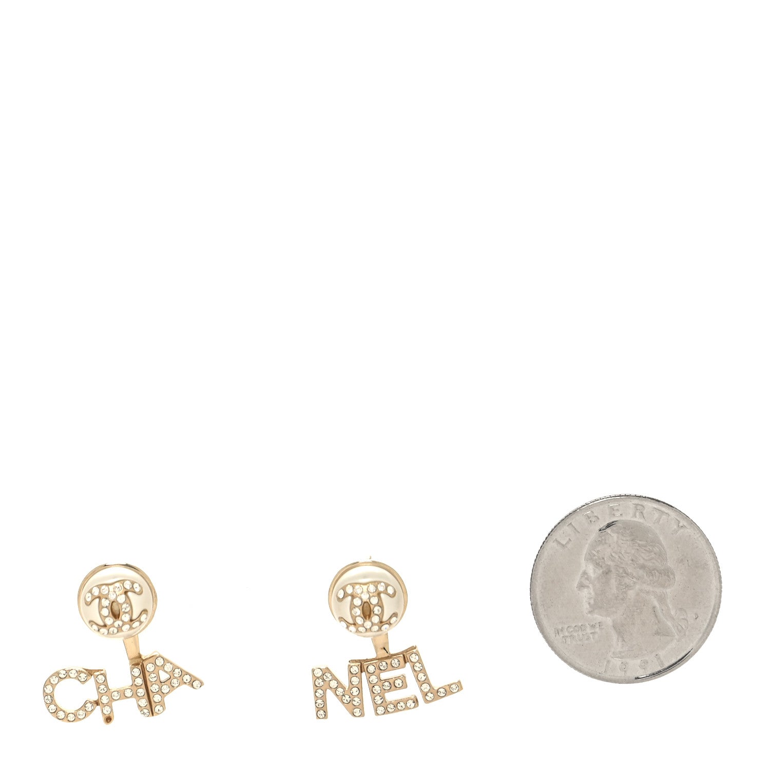 Chanel Pearl Crystal Logo Earrings Gold Pearly White 2 of 6