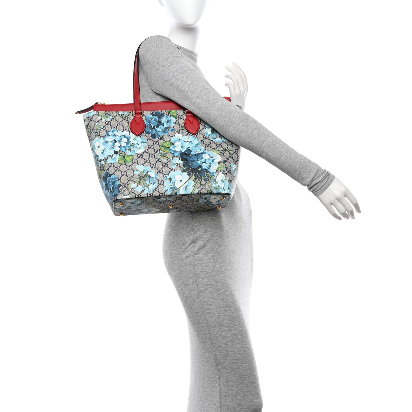 GG Supreme Monogram Blooms Medium Zippered Bucket Tote Beige Blue Navy Hibiscus Red