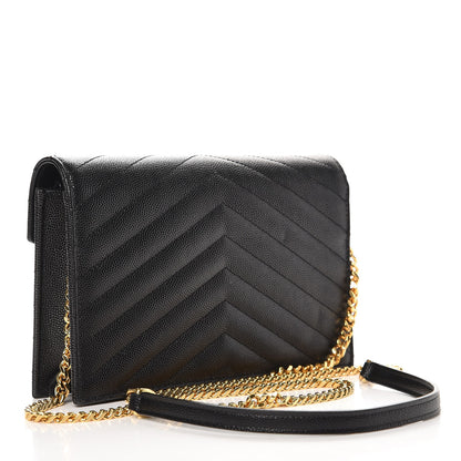 Saint Laurent Grain De Poudre Matelasse Chevron Monogram Envelope Chain Wallet Black 3 of 7