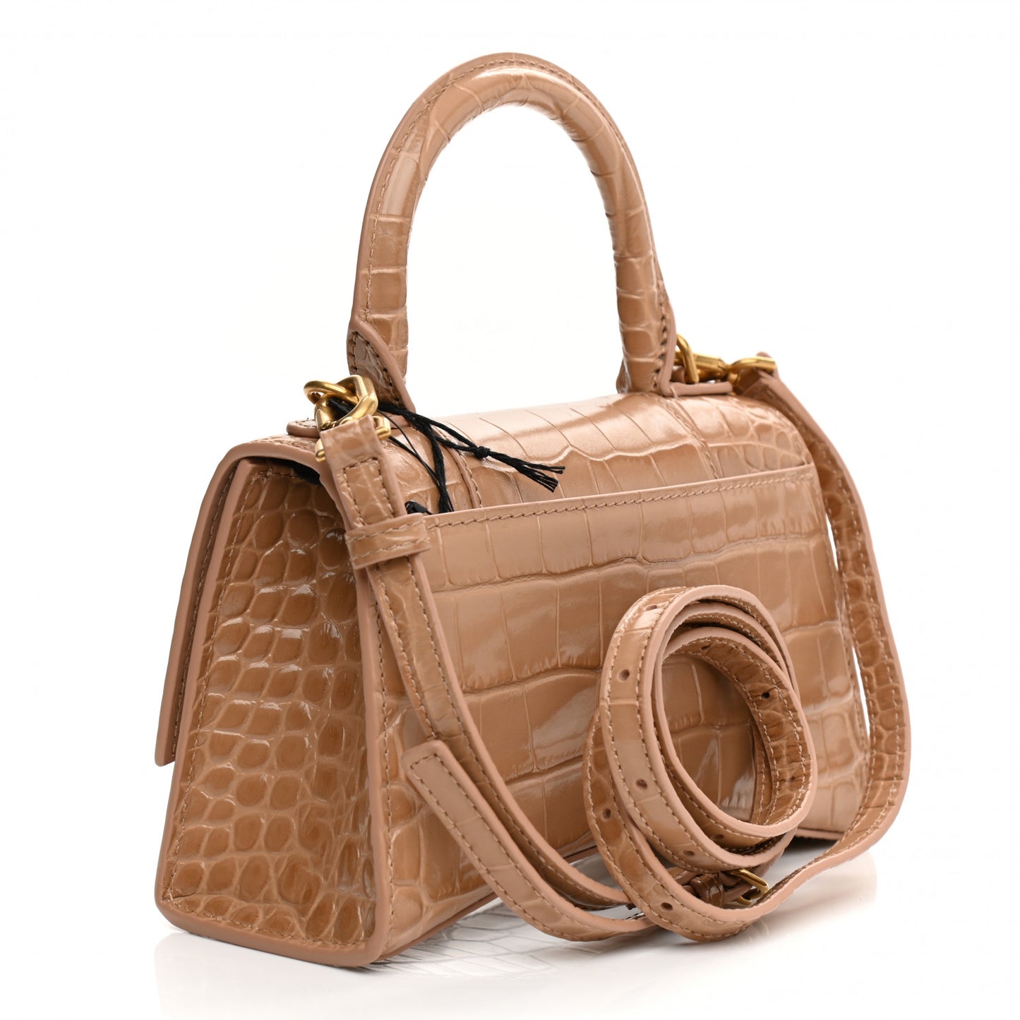Shiny Calfskin Crocodile Embossed Hourglass Top Handle Bag XS Nude Beige