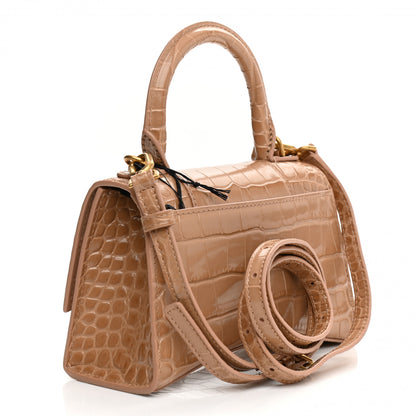 Balenciaga Shiny Calfskin Crocodile Embossed Hourglass Top Handle Bag XS Nude Beige 3 of 13