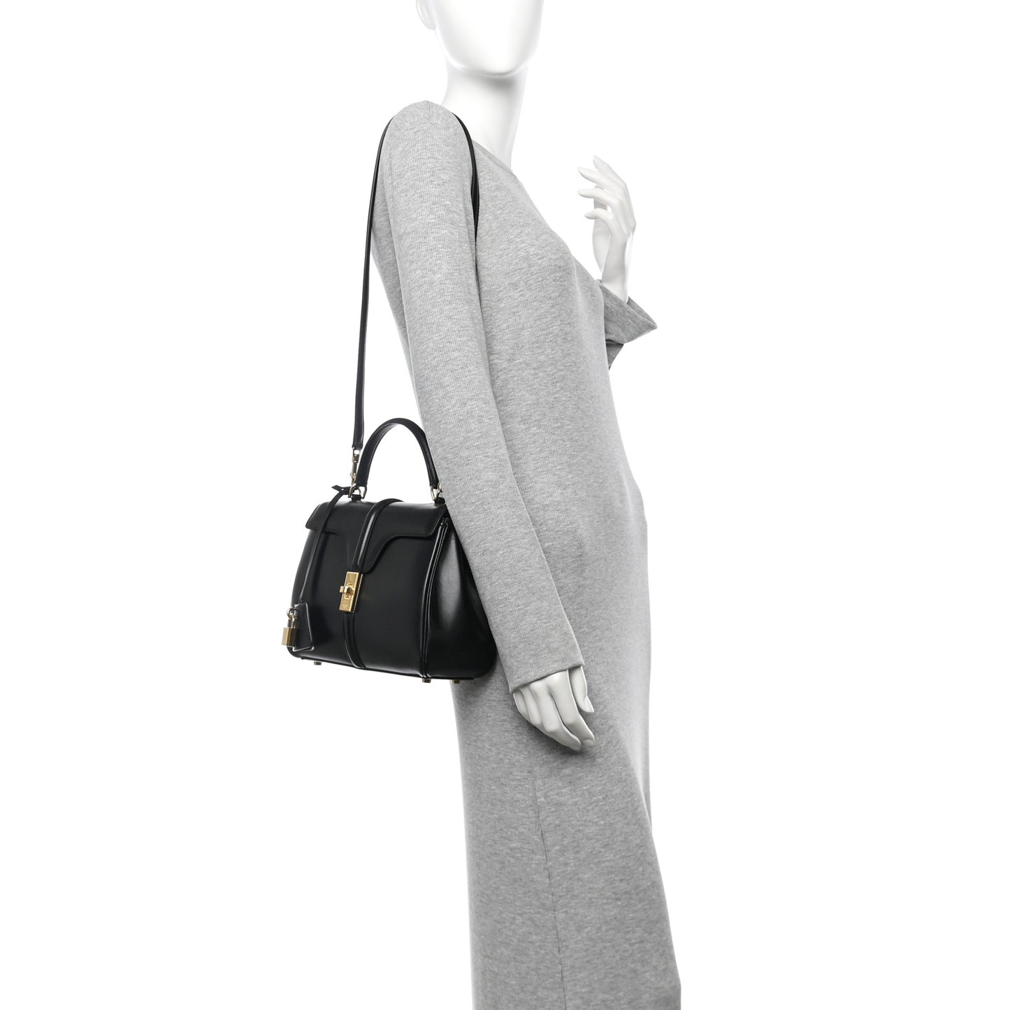 Satinated Calfskin Small 16 Top Handle Bag Black