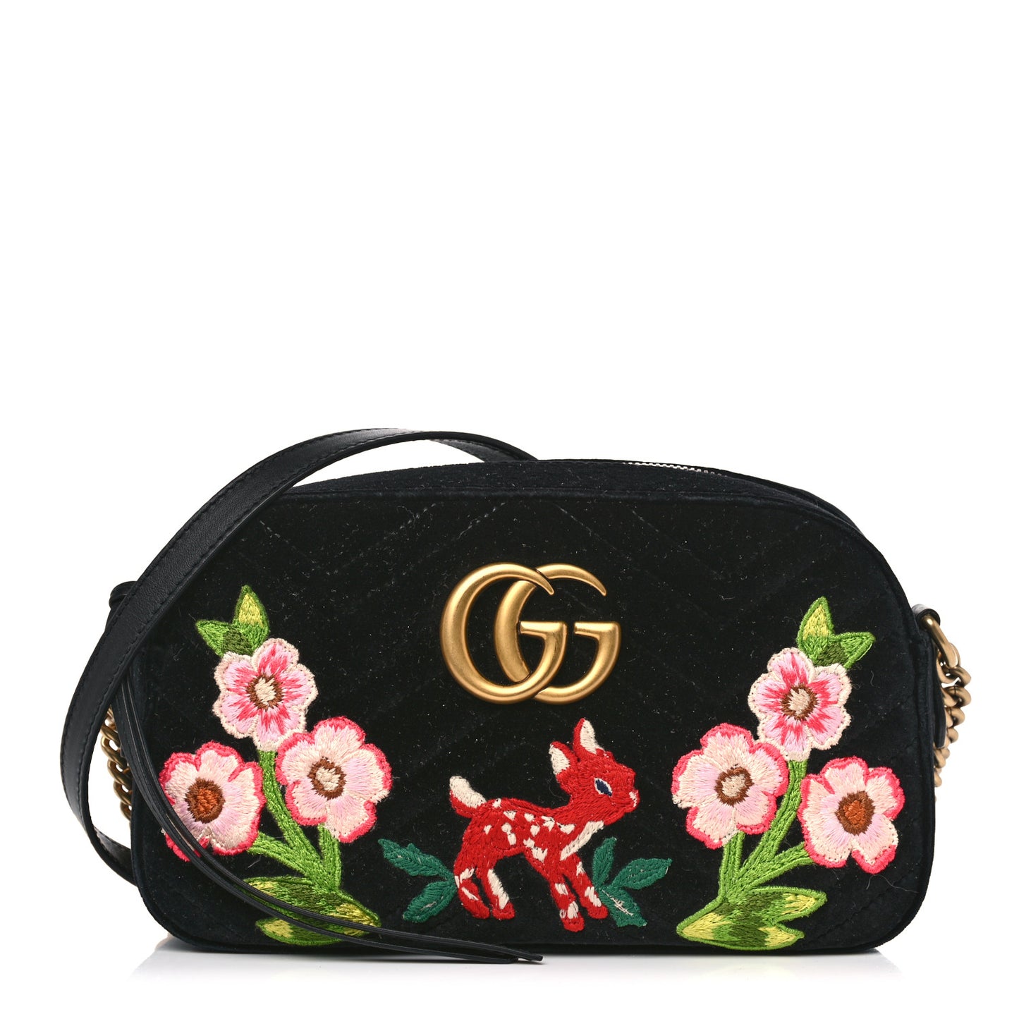Velvet Matelasse Deer Embroidered Small GG Marmont Chain Shoulder Bag Black
