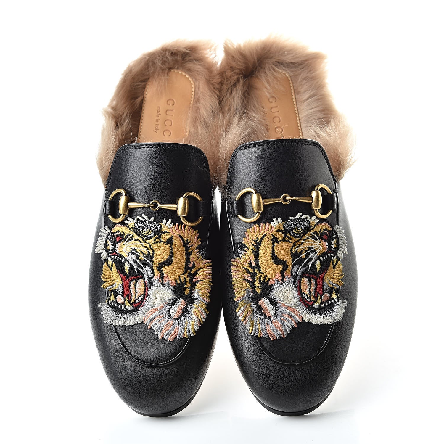 Gucci Calfskin Fur Tiger Embroidered Womens Princetown Slippers 35.5 Black 5 of 9