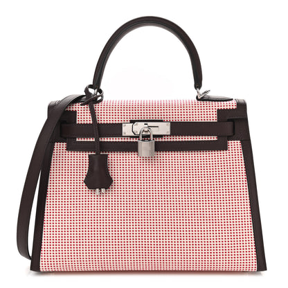 Hermes Toile Quadrille Swift Kelly Sellier 28 Framboise Ecru Rouge Sellier 1 of 11