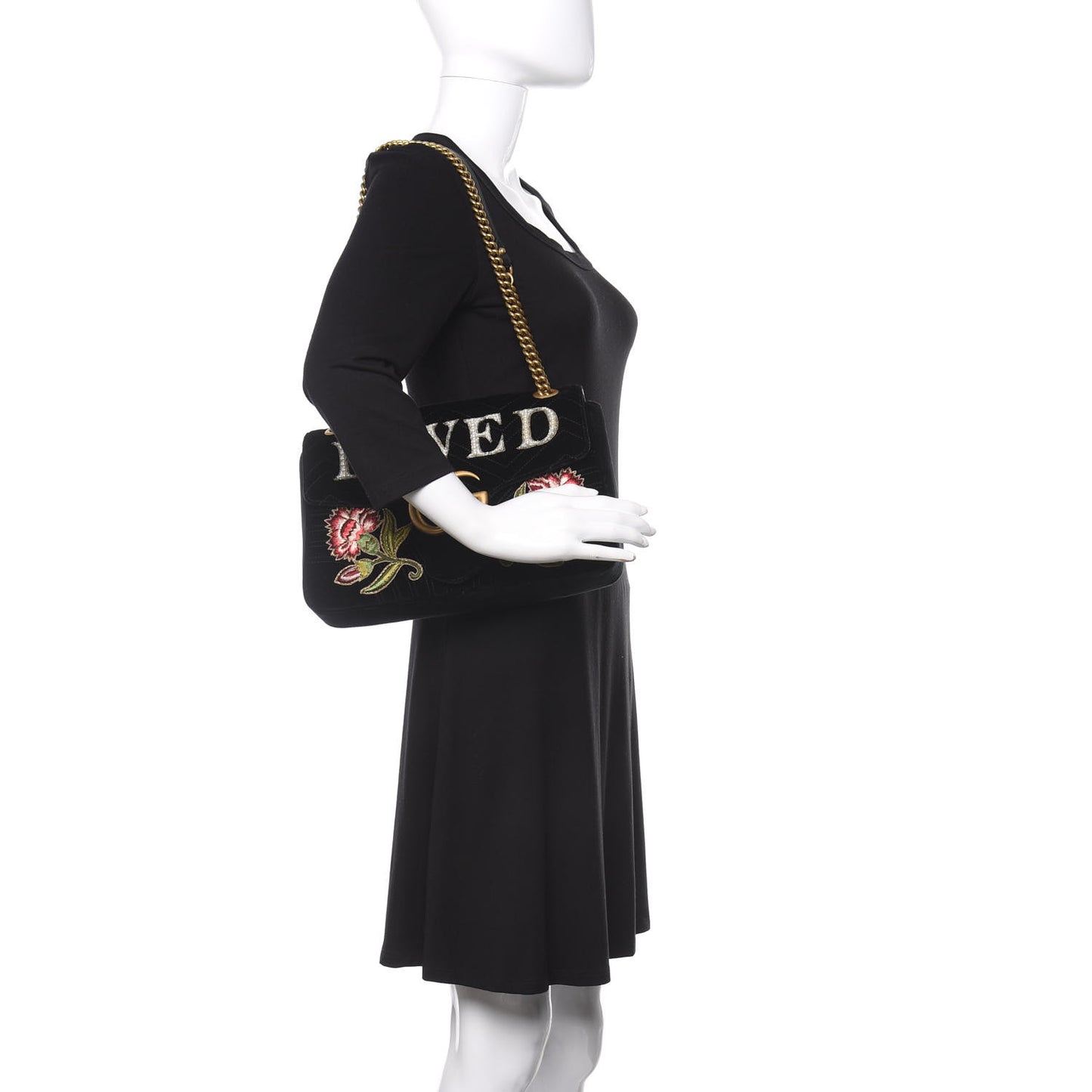Velvet Matelasse Loved Embroidered Medium GG Marmont Shoulder Bag Black
