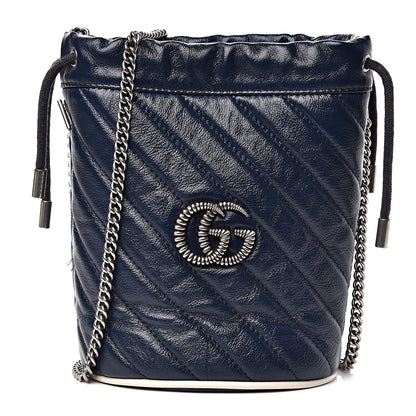 Gucci Vintage Effect Calfskin Matelasse Diagonal Mini Torchon GG Marmont 2.0 Bucket Bag Blue Agata Mystic White 1 of 12