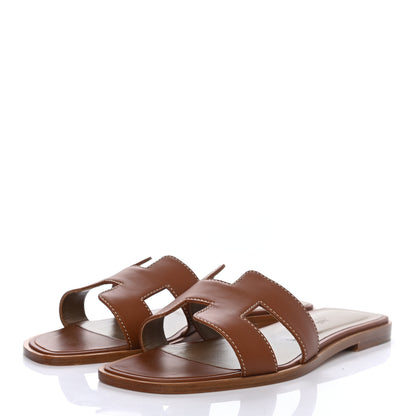 Hermes Box Calfskin Oran Sandals 37.5 Gold 3 of 8