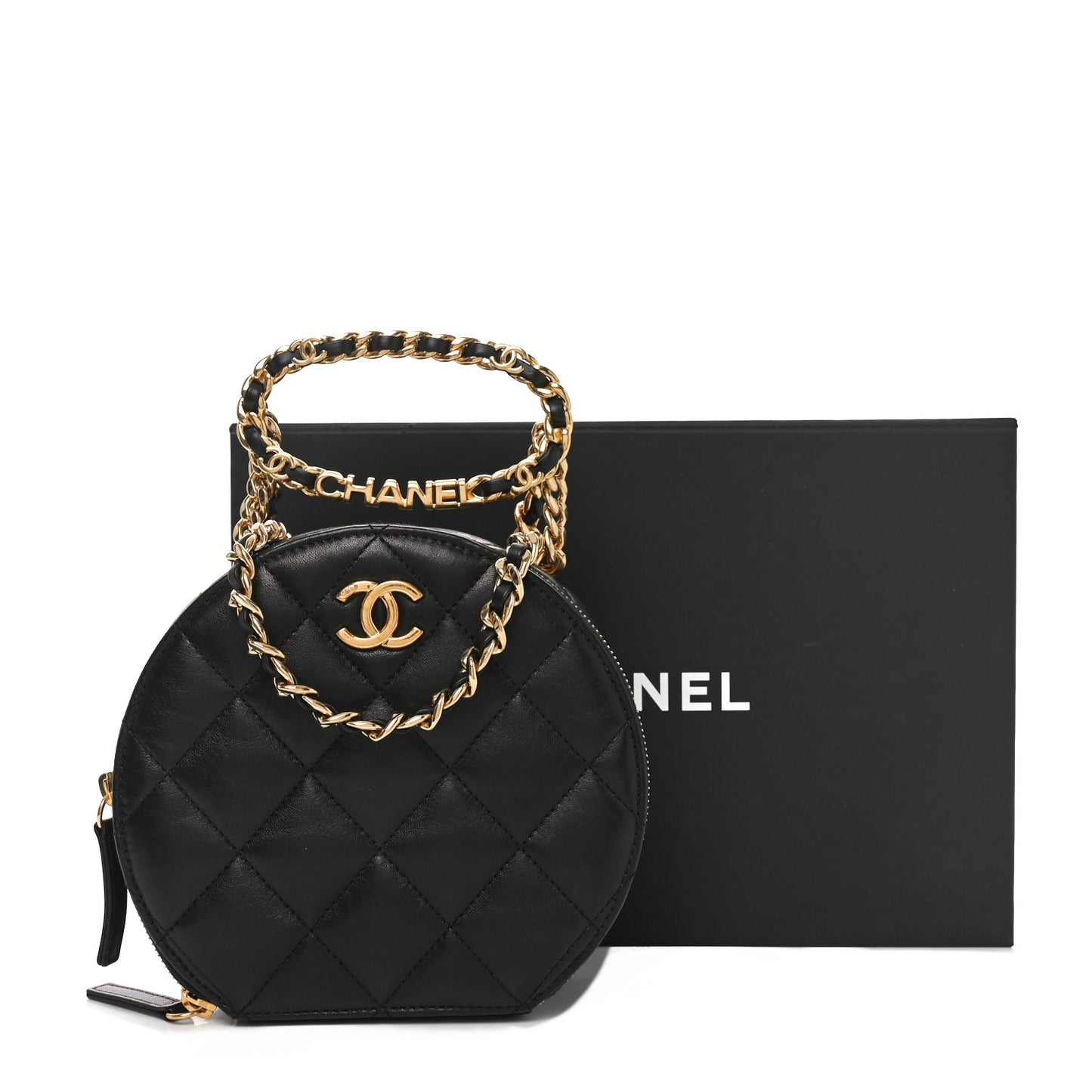 Lambskin Quilted Chain Logo Top Handle Small Round Black