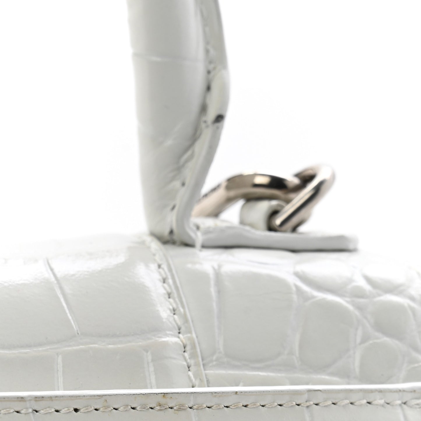 Shiny Calfskin Crocodile Embossed Hourglass Top Handle Bag XS White
