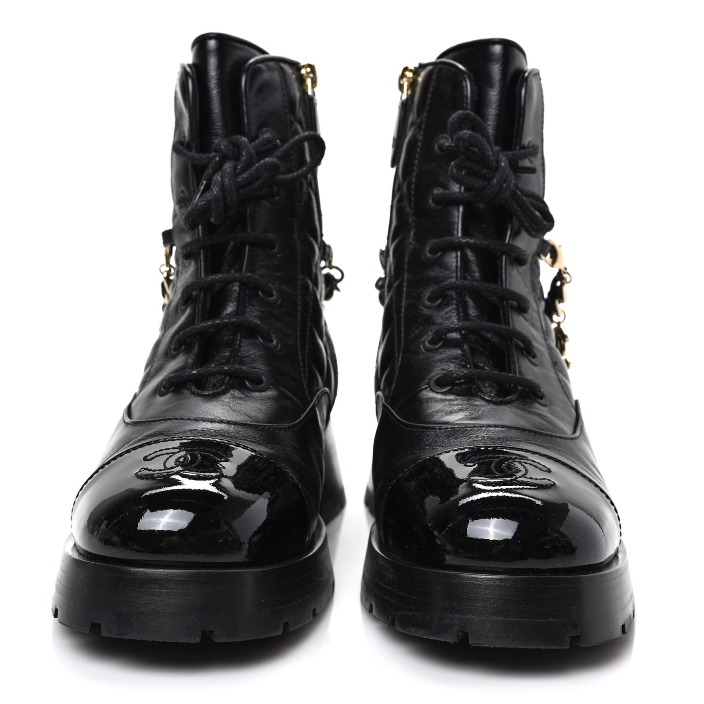 Shiny Calfskin Patent Quilted Chain Lace Up Combat Boots 37 Black