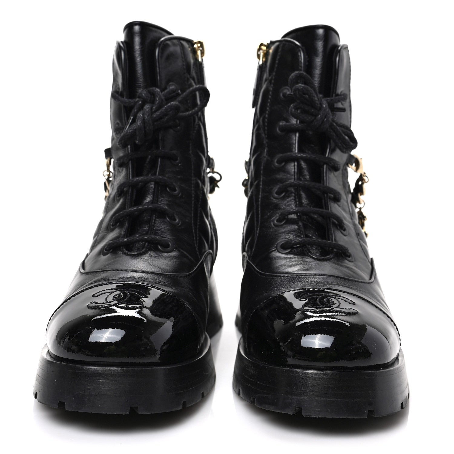 Chanel Shiny Calfskin Patent Quilted Chain Lace Up Combat Boots 37 Black 2 of 8