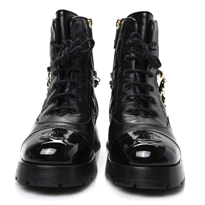 Chanel Shiny Calfskin Patent Quilted Chain Lace Up Combat Boots 37 Black 2 of 8