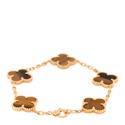 Van Cleef & Arpels 18K Yellow Gold Tiger Eye 5 Motifs Vintage Alhambra Bracelet 2 of 3