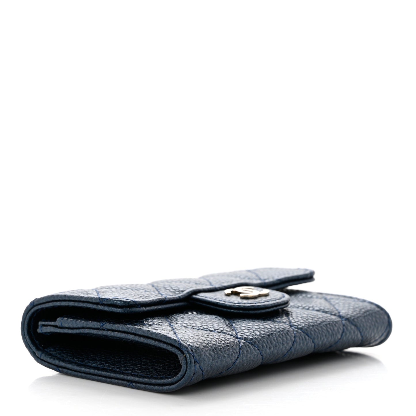 Metallic Caviar Quilted Flap Card Holder Wallet Dark Blue
