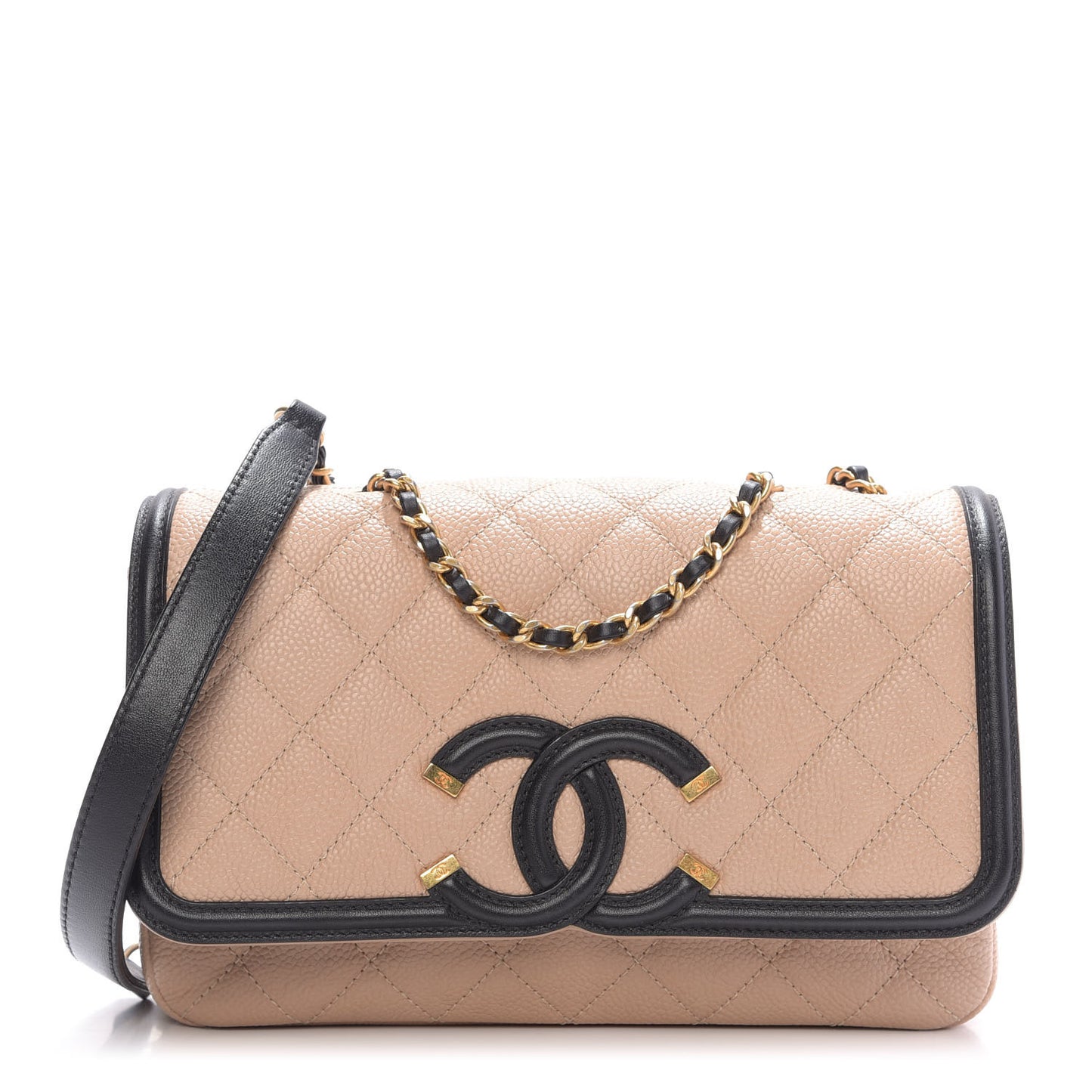 Caviar Quilted Small CC Filigree Flap Beige Black