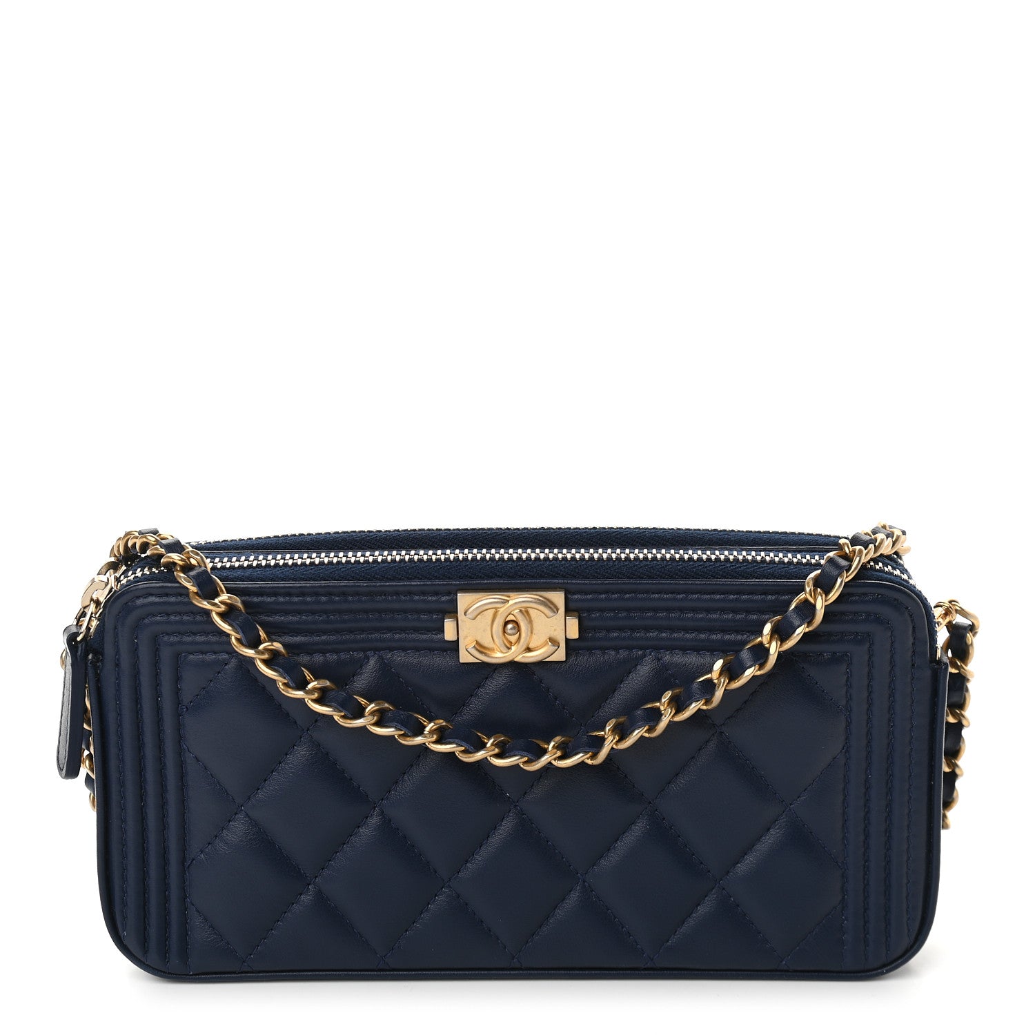 Chanel Lambskin Quilted Small Boy Clutch With Chain Navy 1 of 9