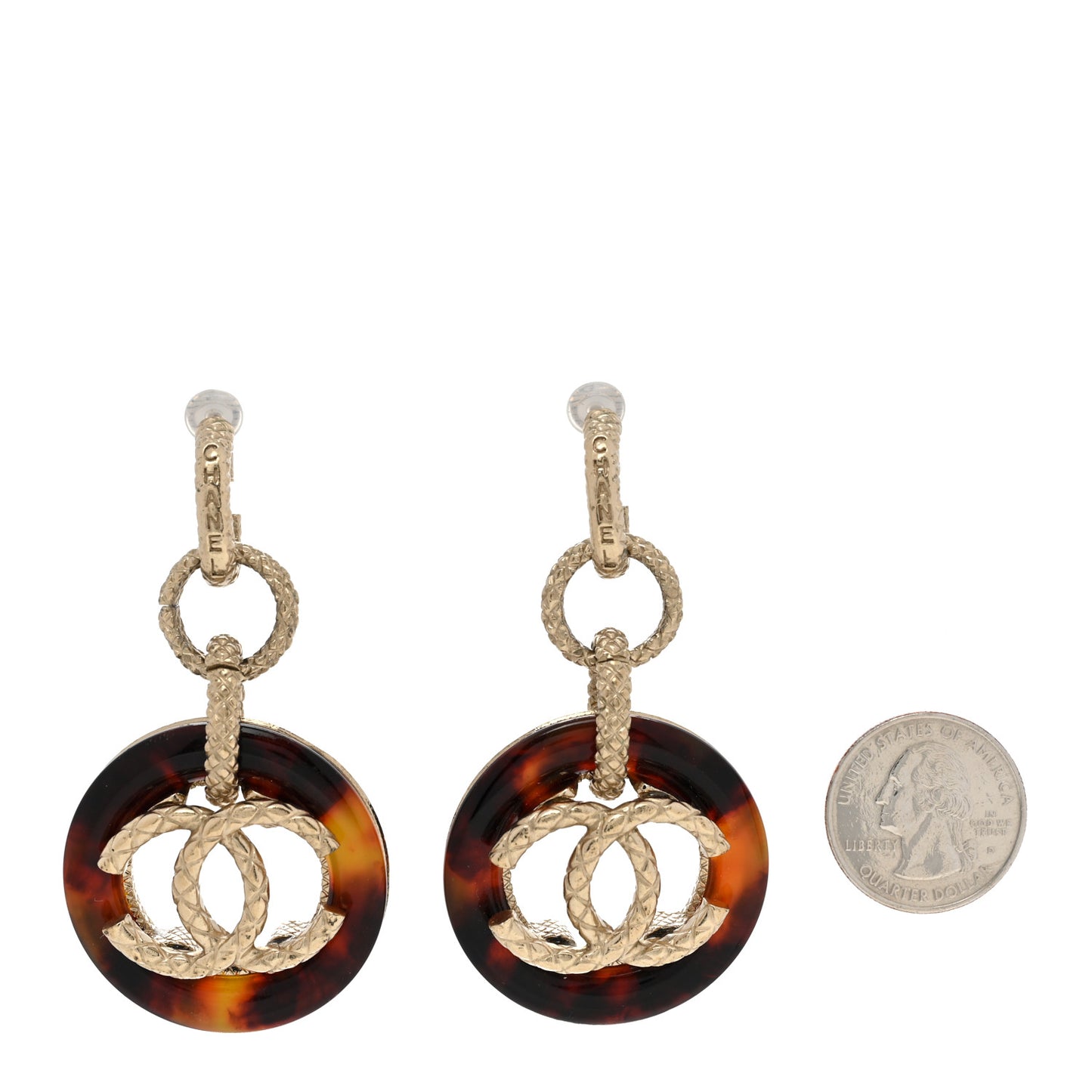 Resin Logo CC Chain Clip On Earrings Gold Tortoise