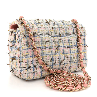Chanel Tweed Quilted Mini Rectangular Flap Light Blue Pink Gold White 3 of 10