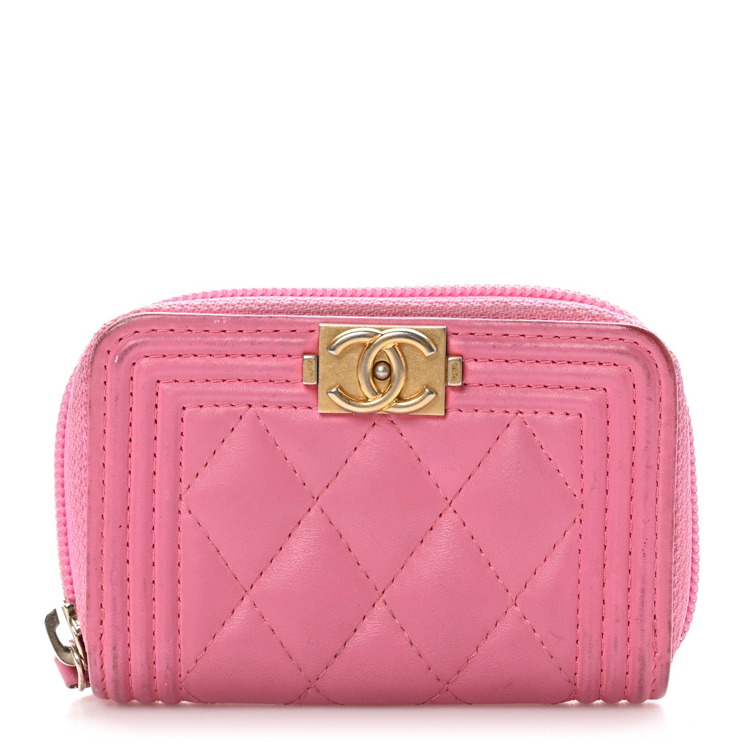 Chanel Calfskin Quilted Boy Zip Around Coin Purse Wallet Pink 1 of 9