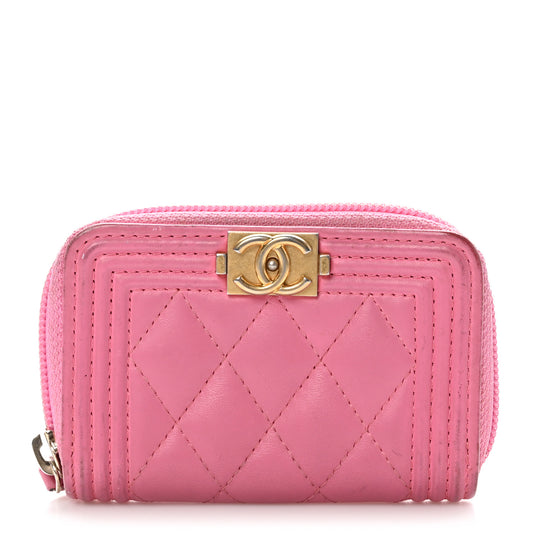 Calfskin Quilted Boy Zip Around Coin Purse Wallet Pink