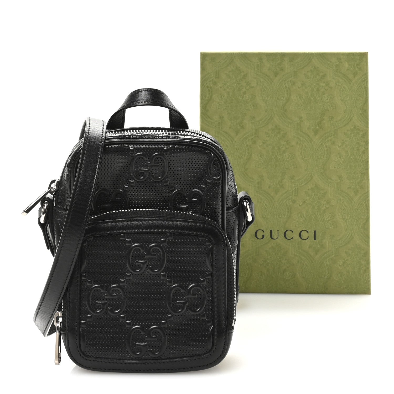 Gucci Calfskin GG Tennis Embossed Mini Double Zip Messenger Bag Black 11 of 12