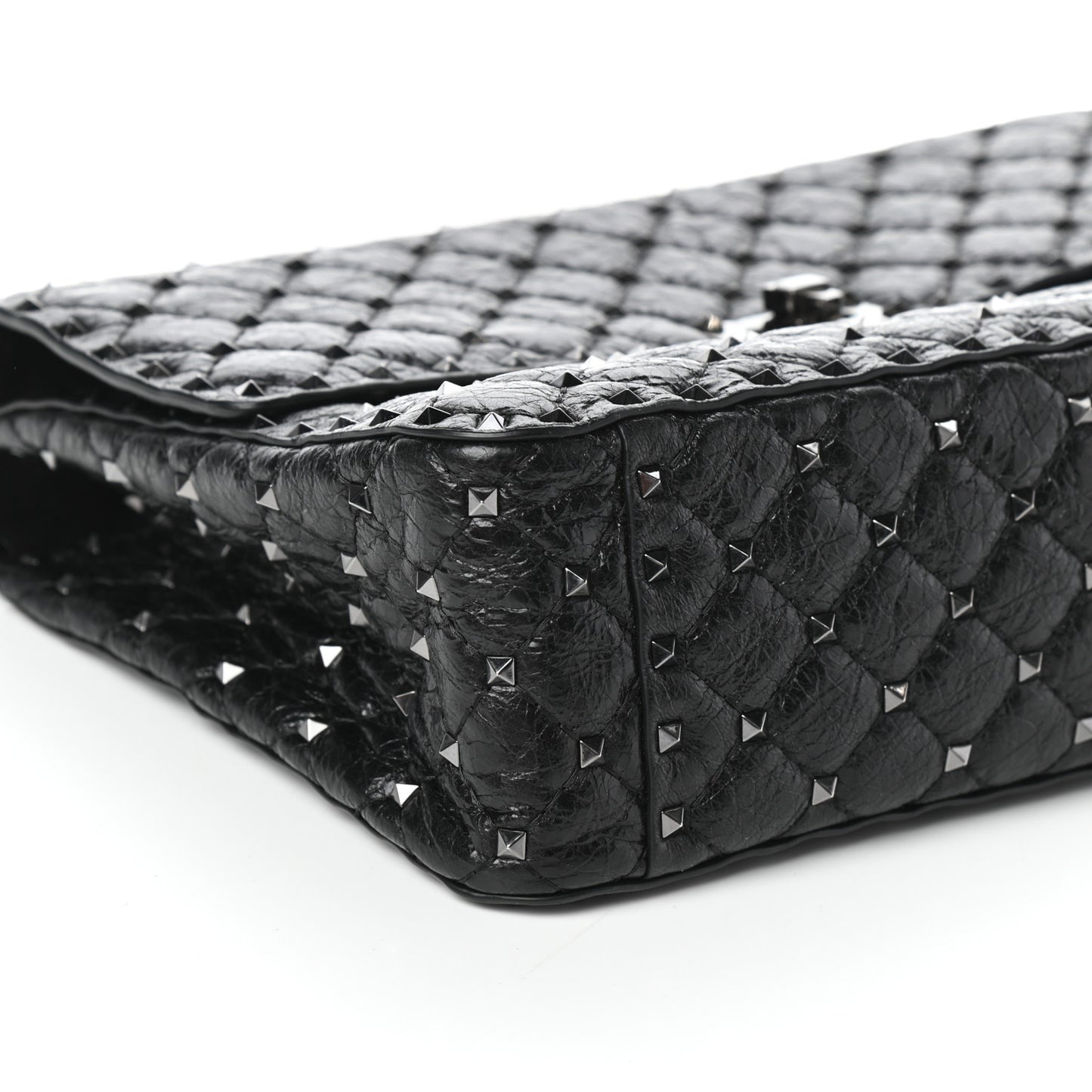 Craquele Nappa Large Rockstud Spike Shoulder Bag Black