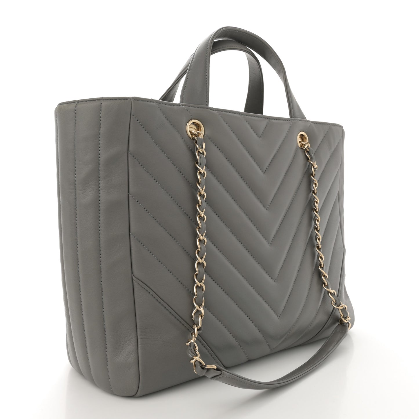 Calfskin Chevron Quilted Statement Shopping Tote Grey