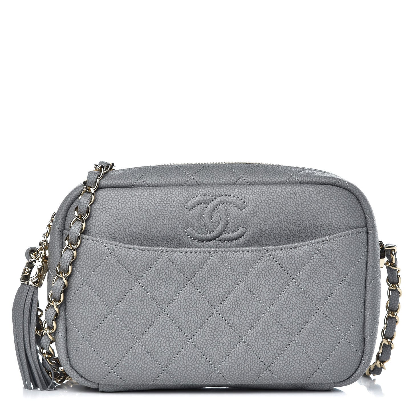Caviar Quilted Coco Tassel Small Camera Case Grey