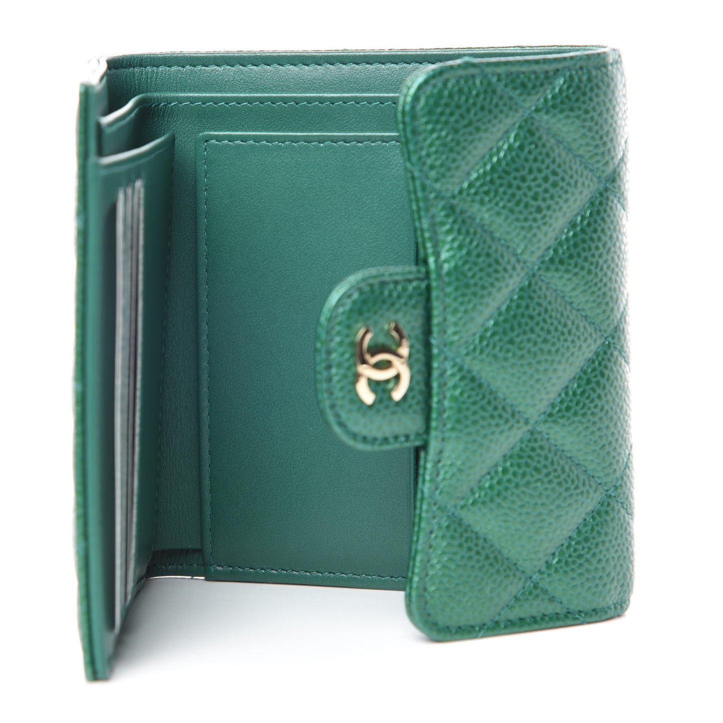 Metallic Caviar Quilted Compact Flap Wallet Green