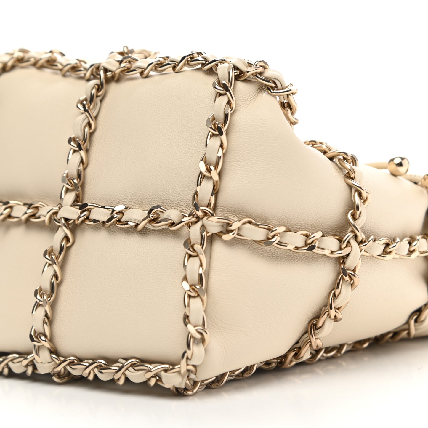 Lambskin Bucket Chain Drawstring Bag Beige