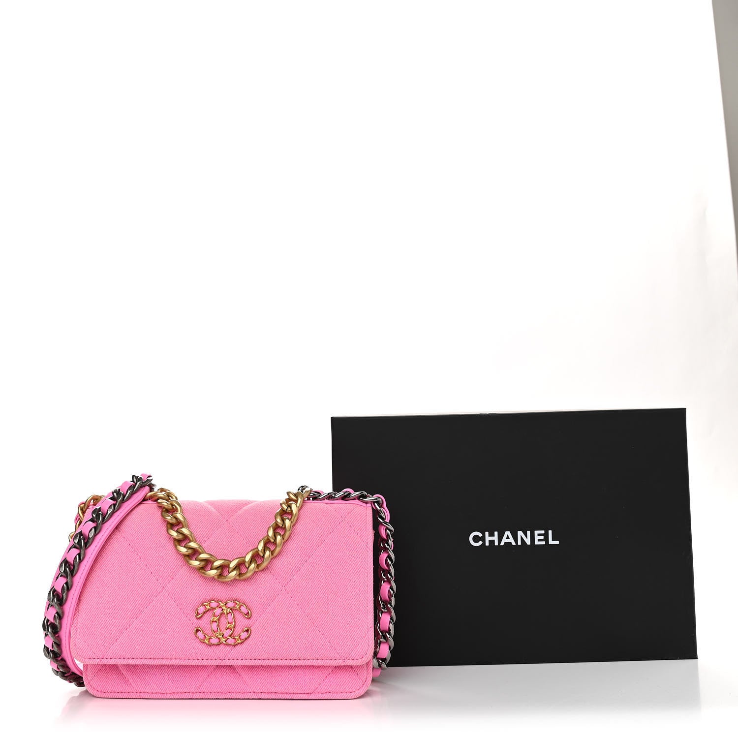 Chanel Denim Quilted Chanel 19 Wallet On Chain WOC Neon Pink 12 of 14