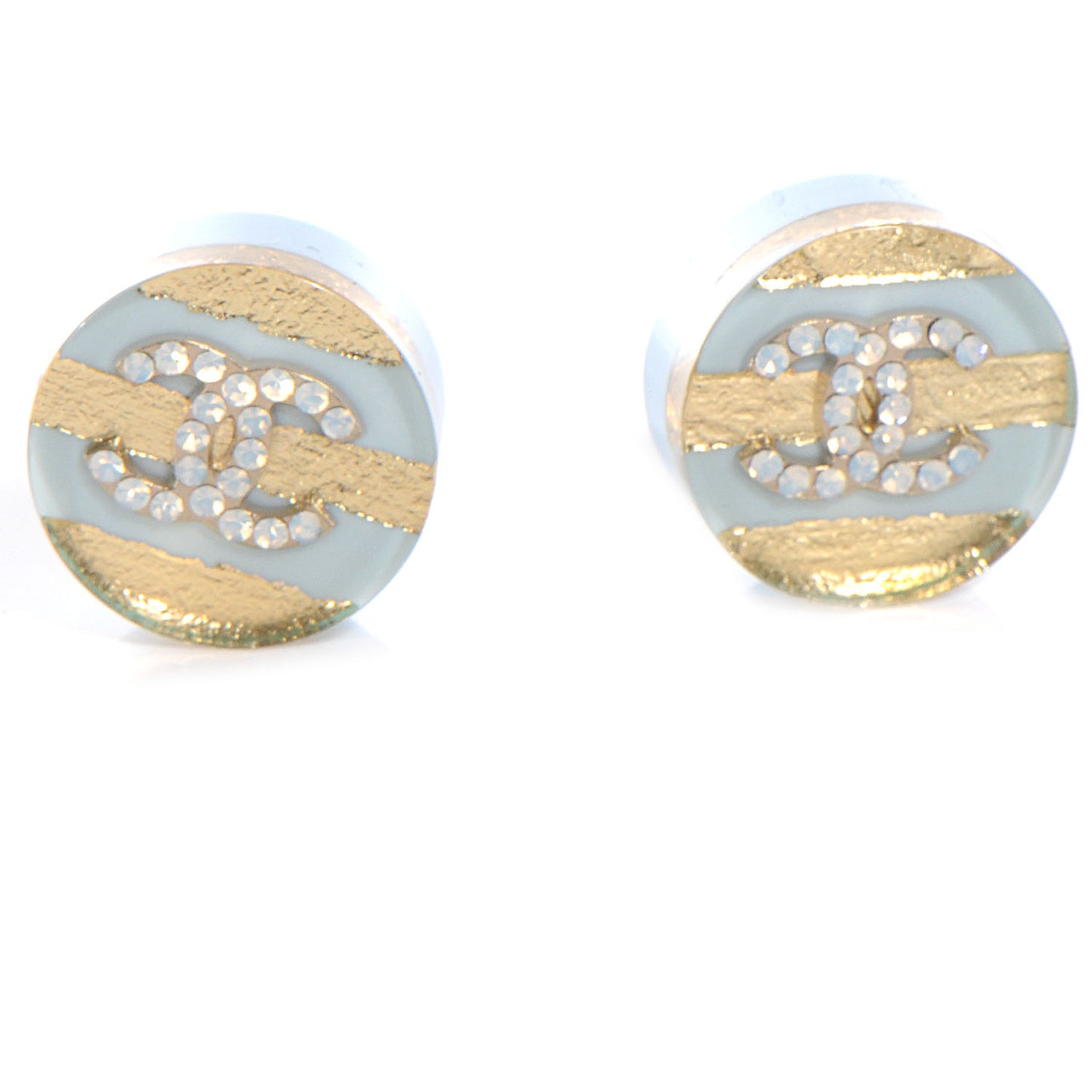 Striped Crystal CC Button Earrings Light Blue