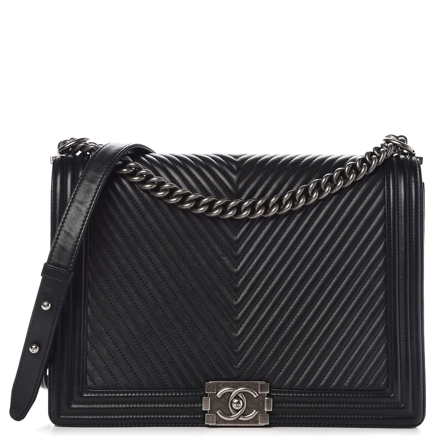 Calfskin Chevron Quilted Large Boy Flap Black