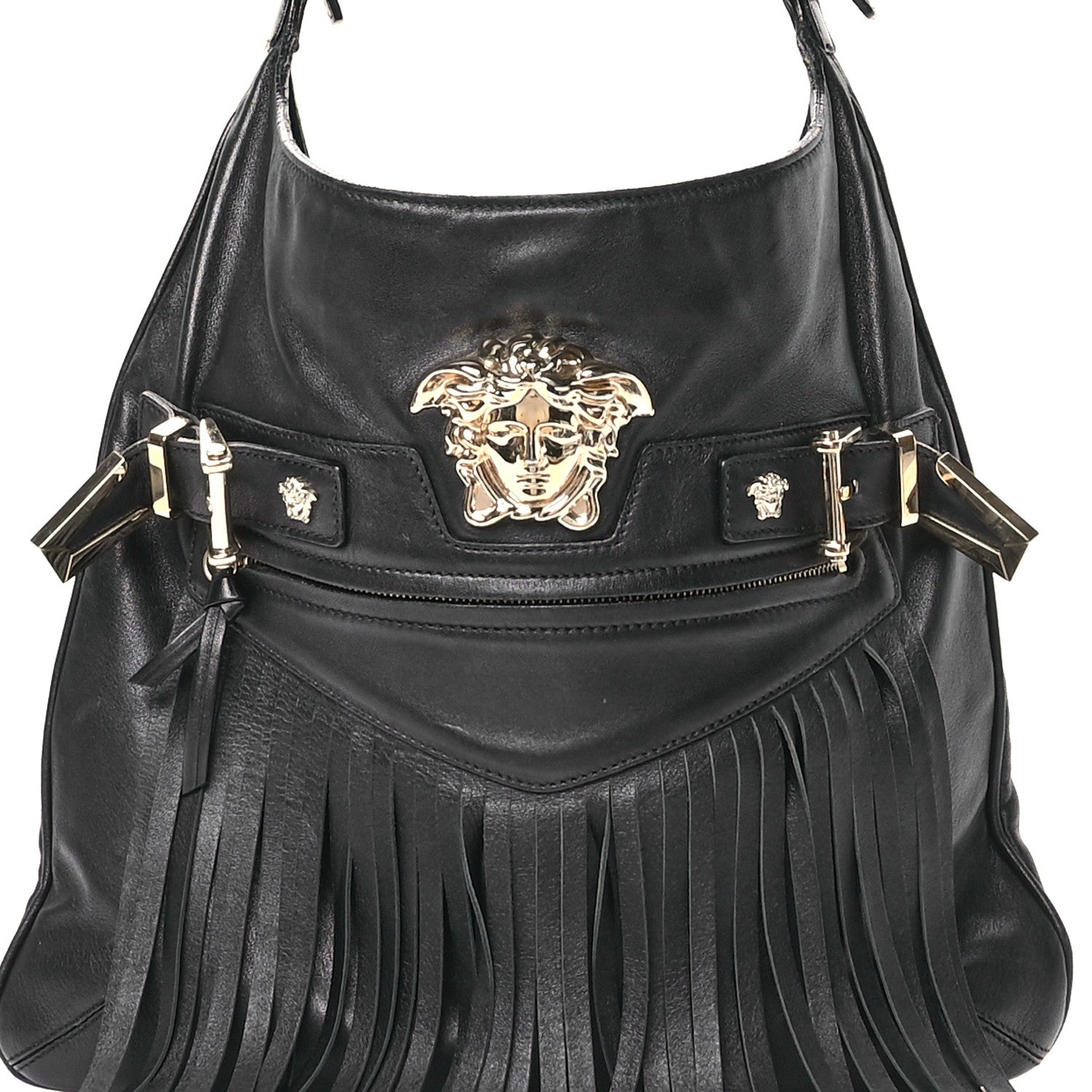 Versace Calfskin Palazzo Fringe Shoulder Bag Black 8 of 13